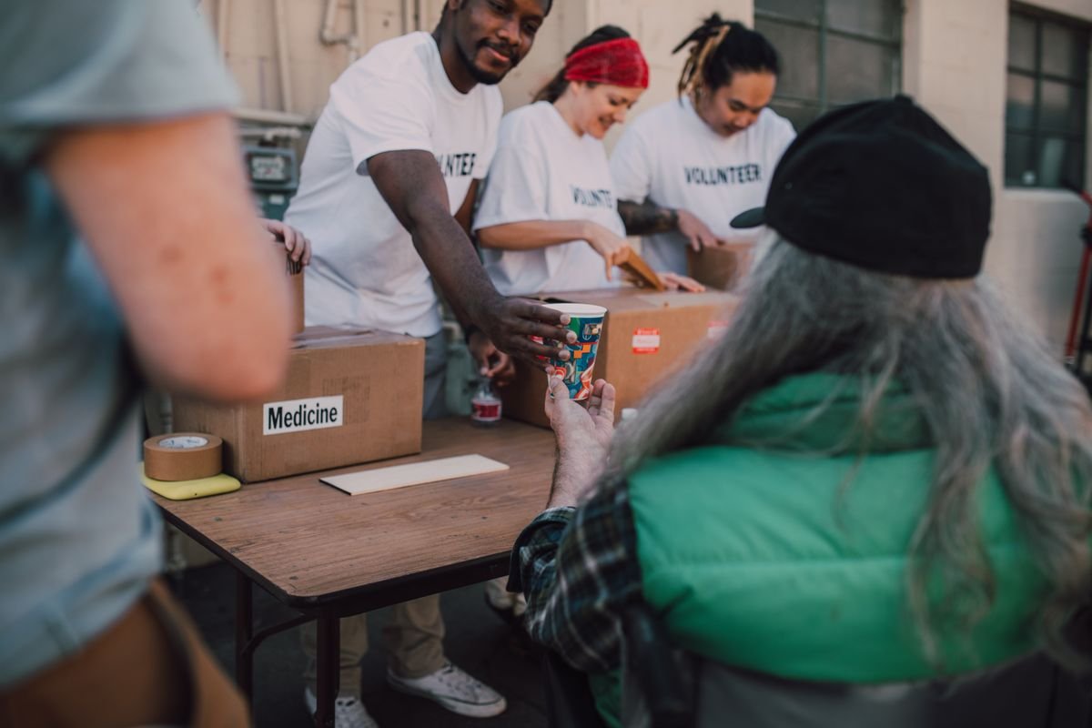 Volunteers sorting donations